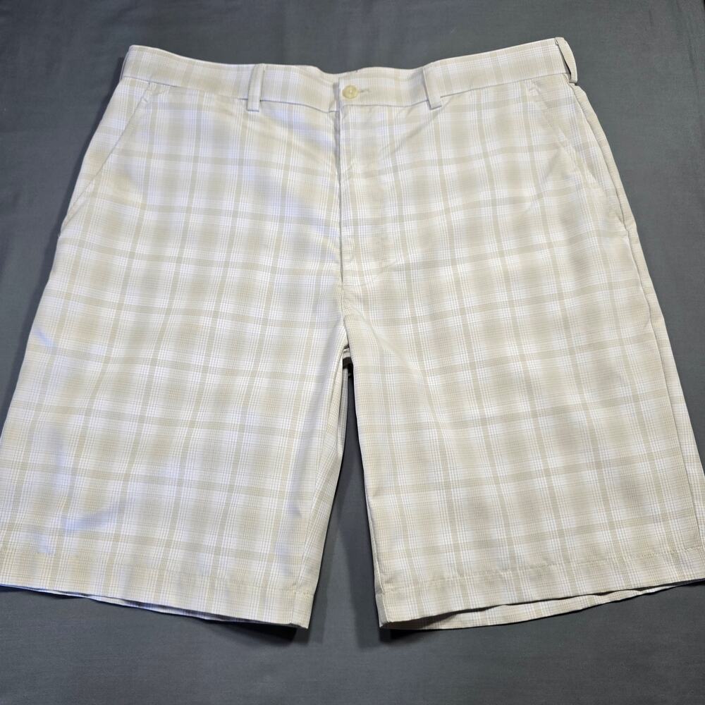 Ben Hogan Golf White Preppy Tan Plaid Shorts Classic Flat Front Zip Mens Size 36